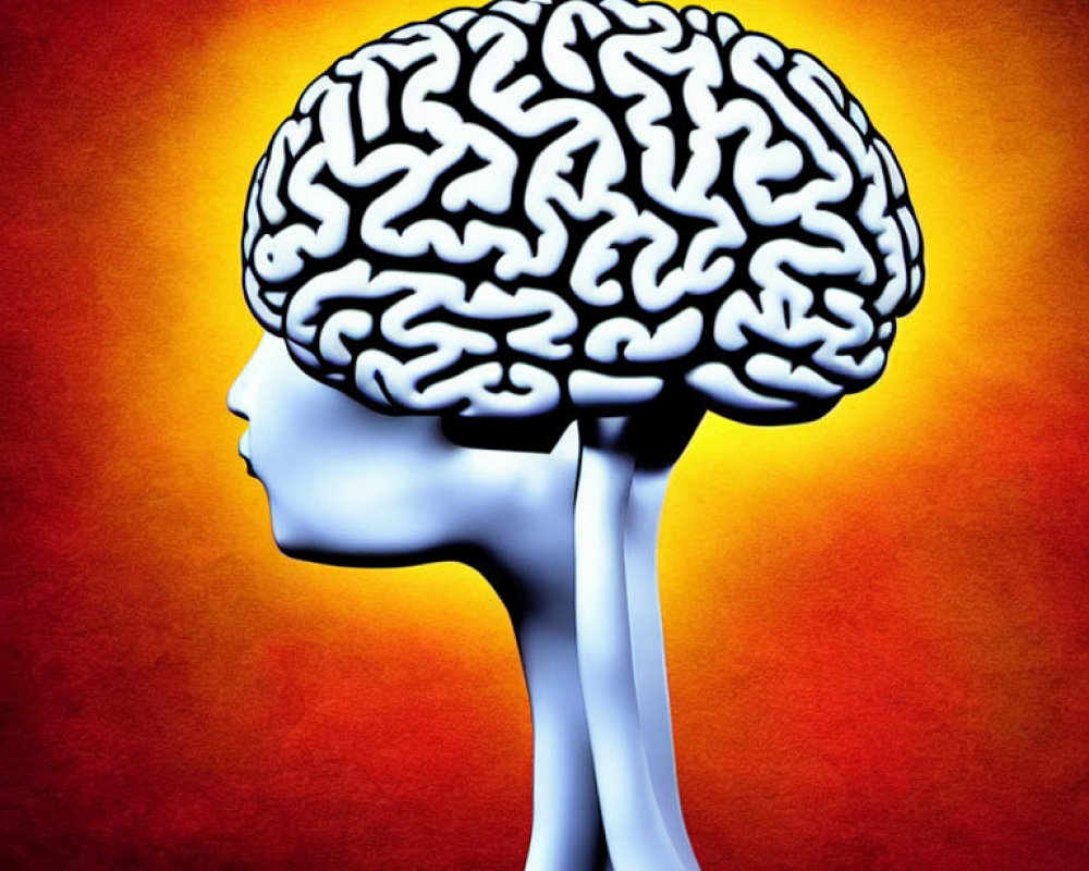 Human profile with large brain on orange-red background symbolizing intellect