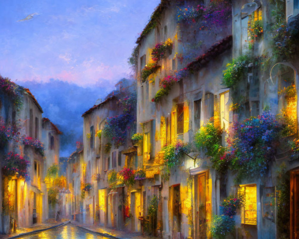 Picturesque painting of cobblestone street with old buildings, flower-filled balconies, glowing windows,