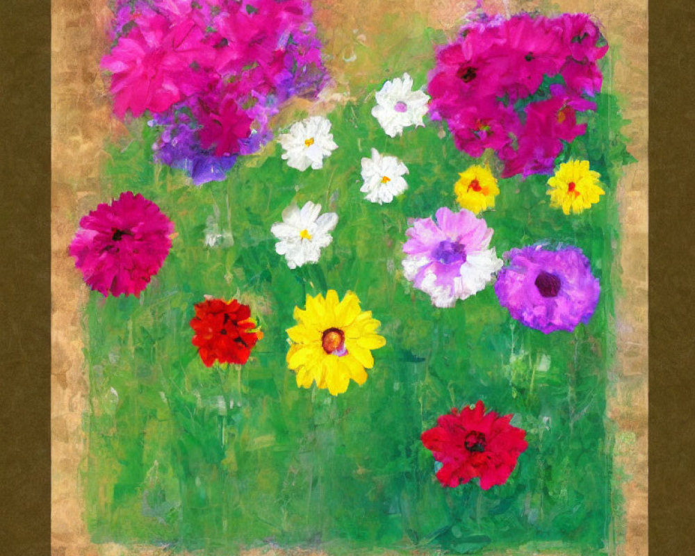 Assorted colorful flowers painting on textured green background