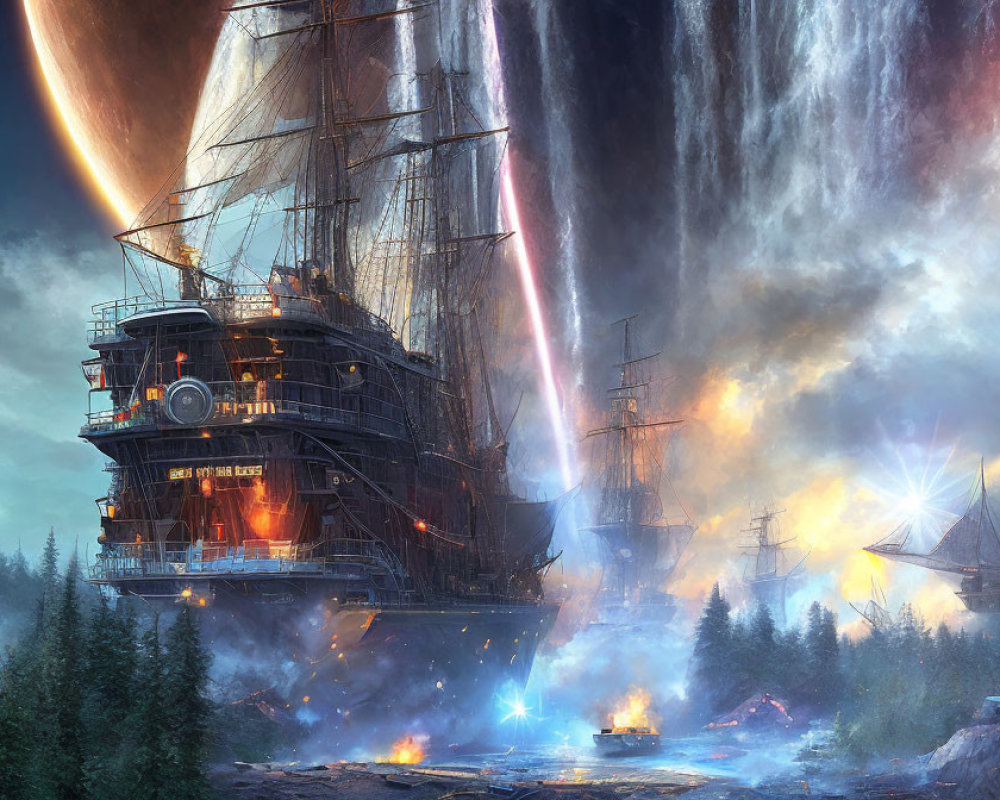 Grand sailing ship in fiery battle near waterfalls under giant planet.