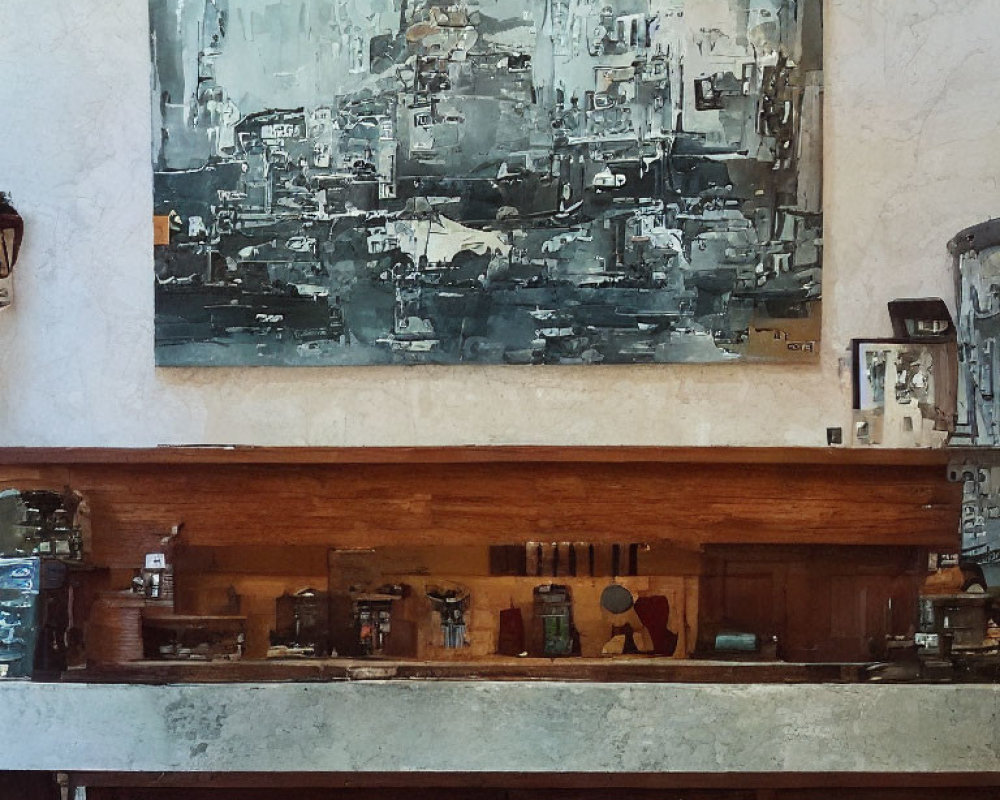 Cozy Cafe Interior with Wooden Counter and Abstract Painting