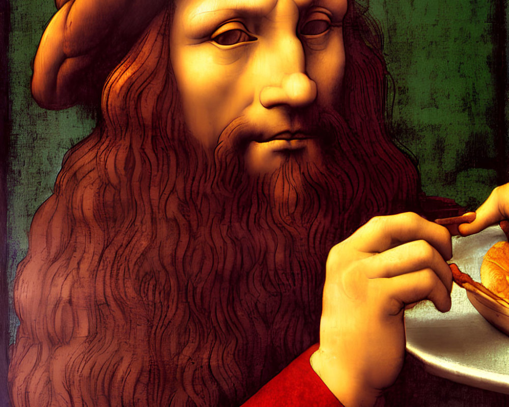 Man with Long Beard in Red Hat Holding Plate with Food, Thoughtful Expression