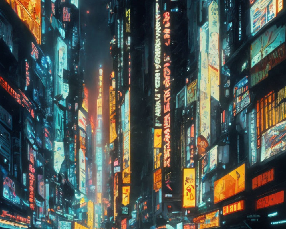 Vibrant neon cityscape with colorful cyberpunk signs