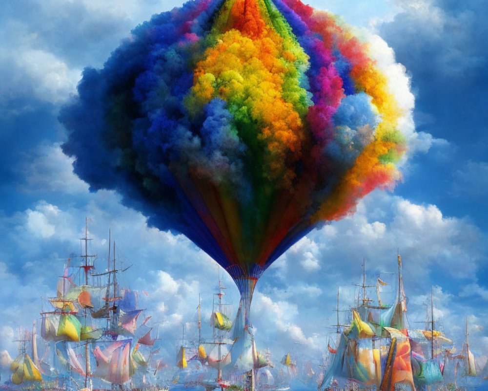 Colorful hot air balloon floats above tall ships on calm sea