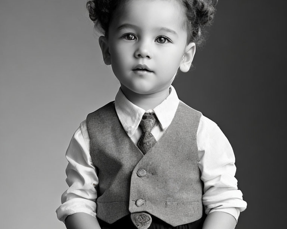Monochrome portrait of young child in formal attire