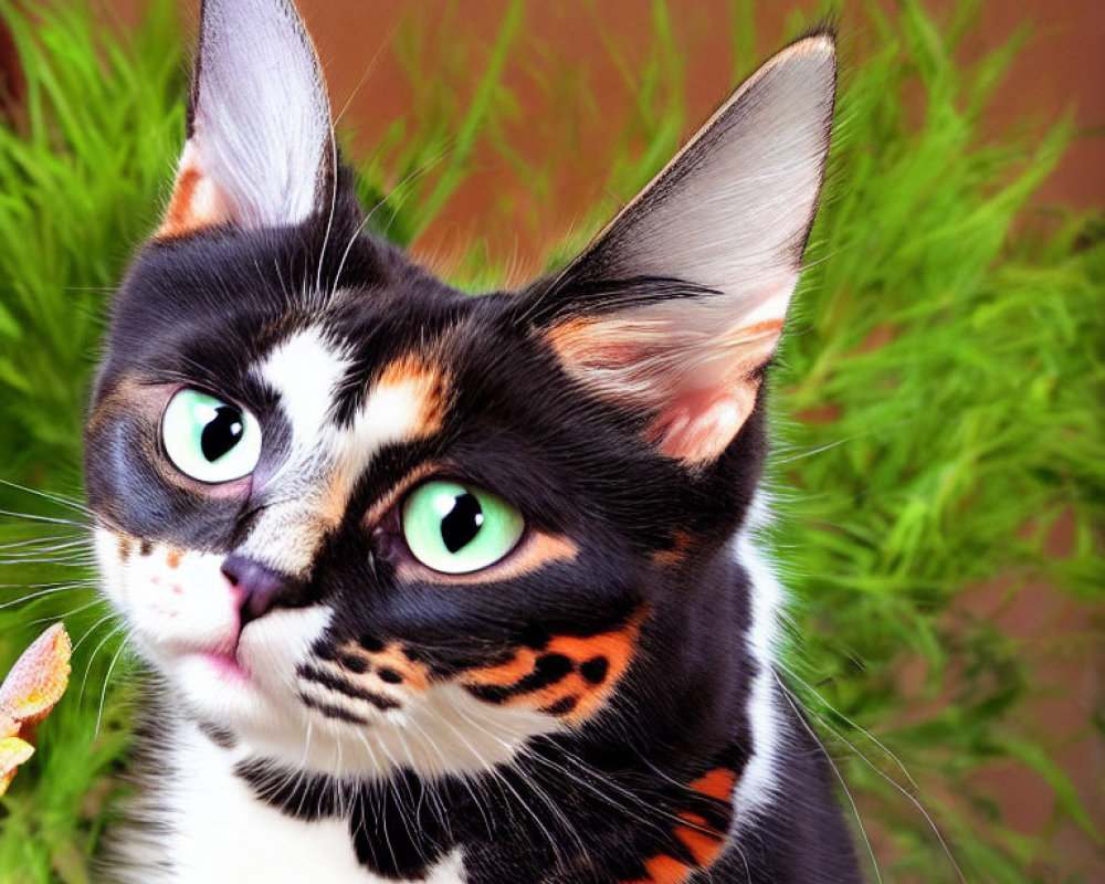 Calico Cat with Green Eyes and Unique Face Markings on Green Background