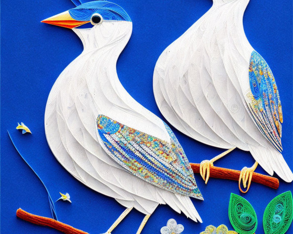 Intricate paper quilled birds on blue background with flowers & leaves