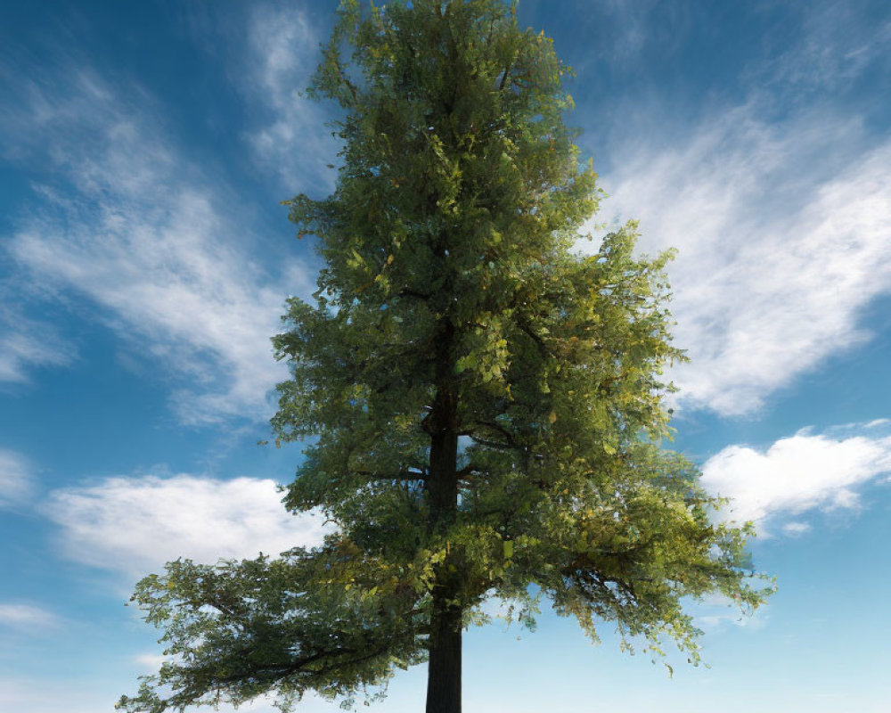 Tall tree with lush green leaves in barren landscape against clear blue sky