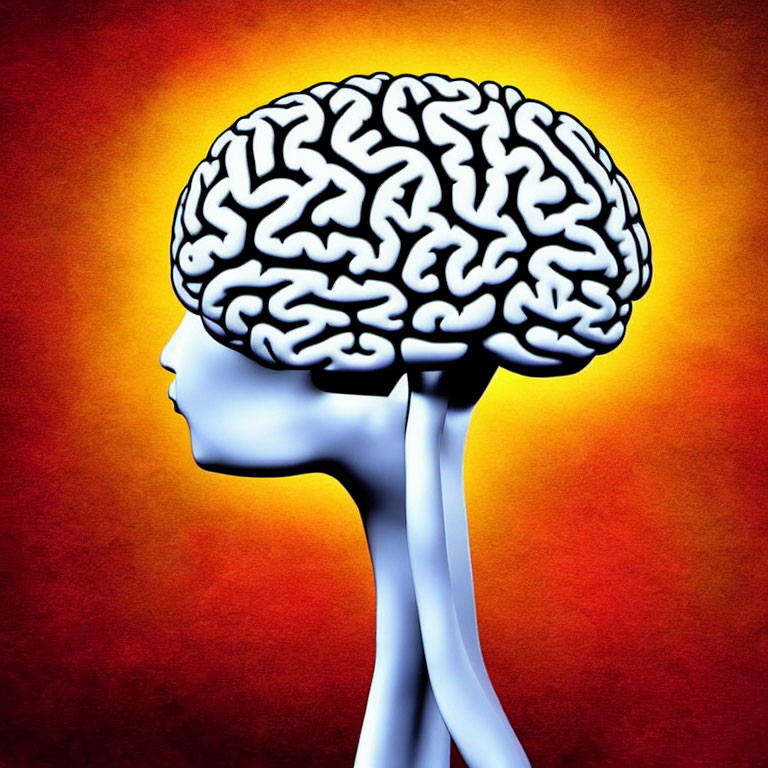 Human profile with large brain on orange-red background symbolizing intellect