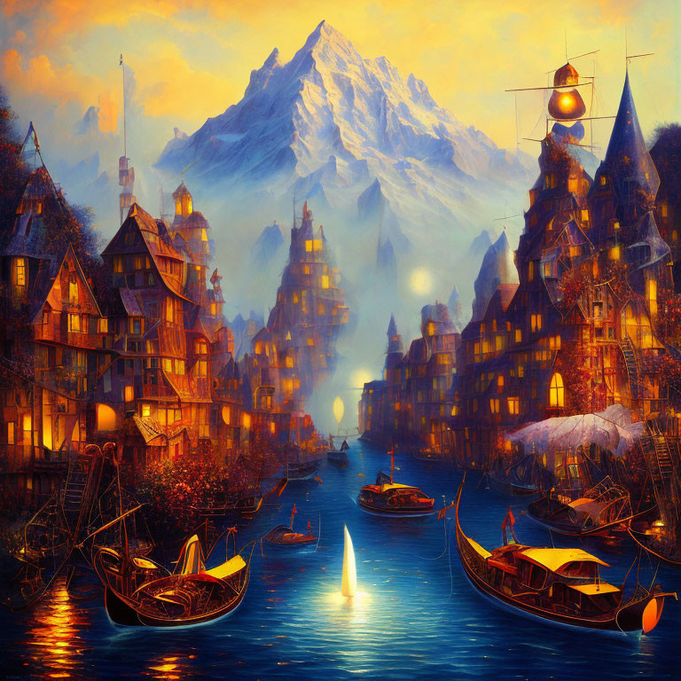 Fantastical painting: Lakeside village at dusk with glowing windows