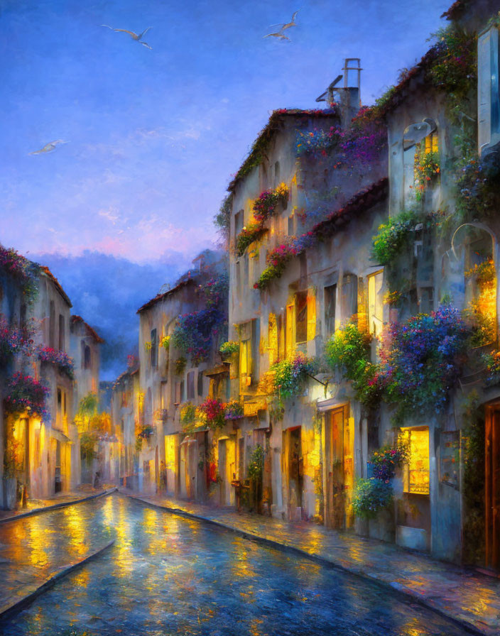 Picturesque painting of cobblestone street with old buildings, flower-filled balconies, glowing windows,