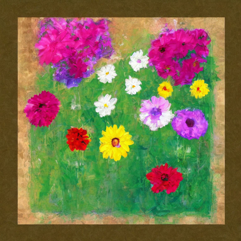 Assorted colorful flowers painting on textured green background