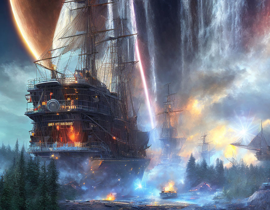 Grand sailing ship in fiery battle near waterfalls under giant planet.
