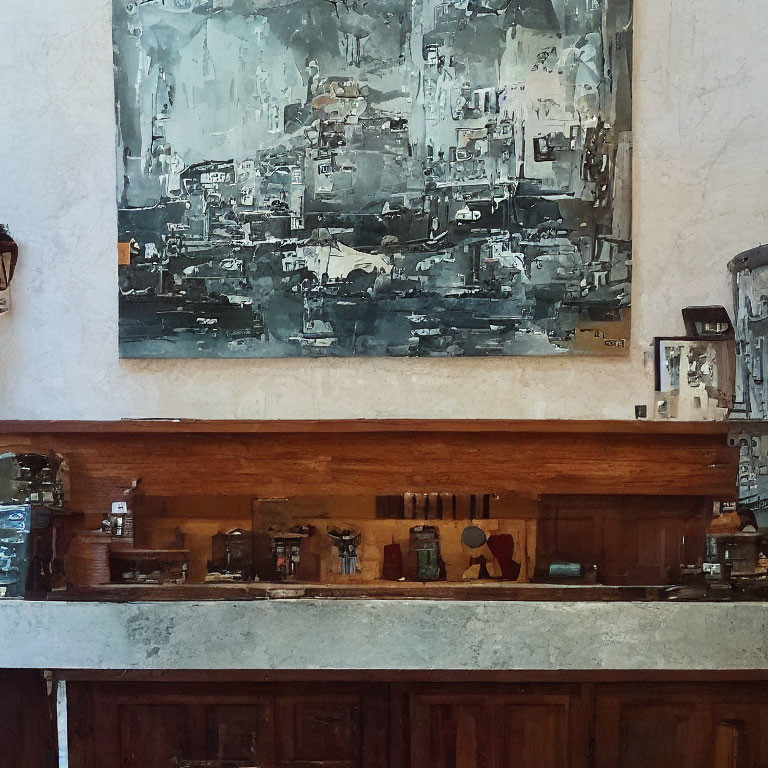 Cozy Cafe Interior with Wooden Counter and Abstract Painting