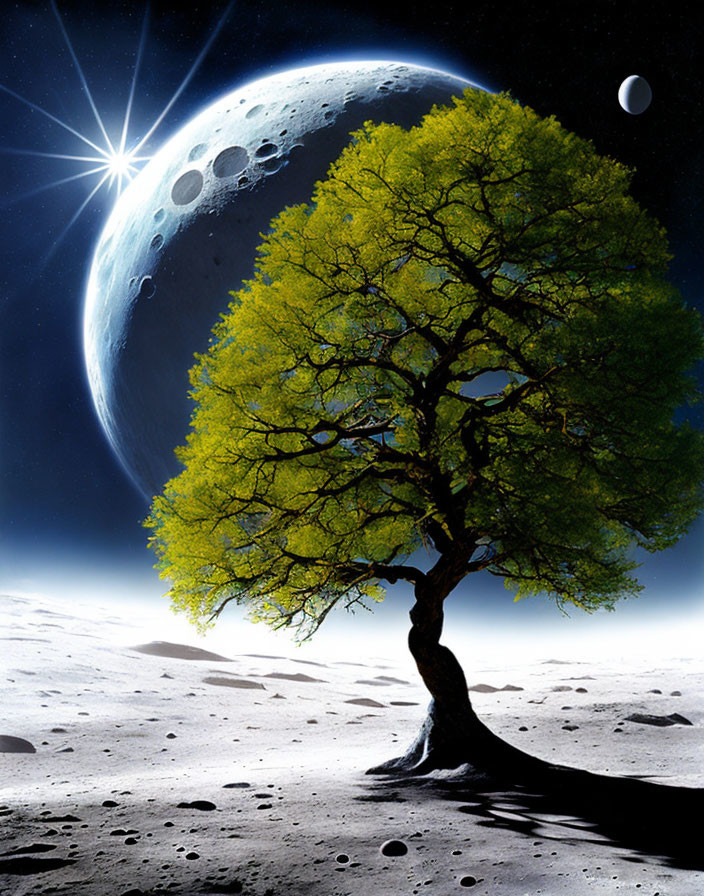 Lonely green tree on barren lunar surface with planet and moon.