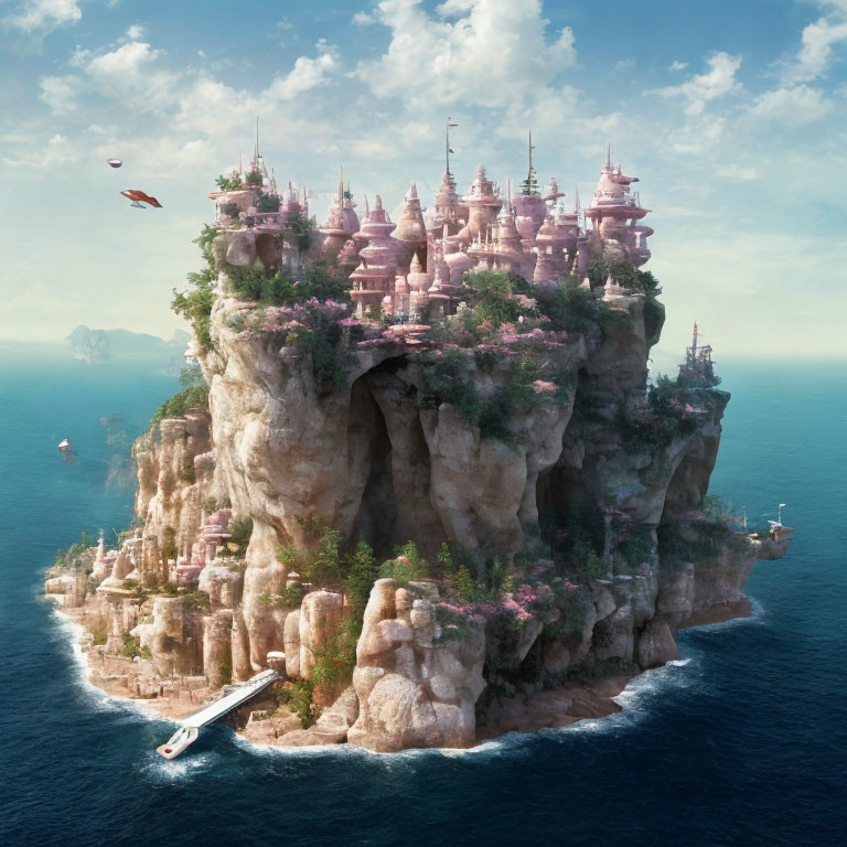 Cliff-Top Palace with Spires, Sea Views, and Flying Ships