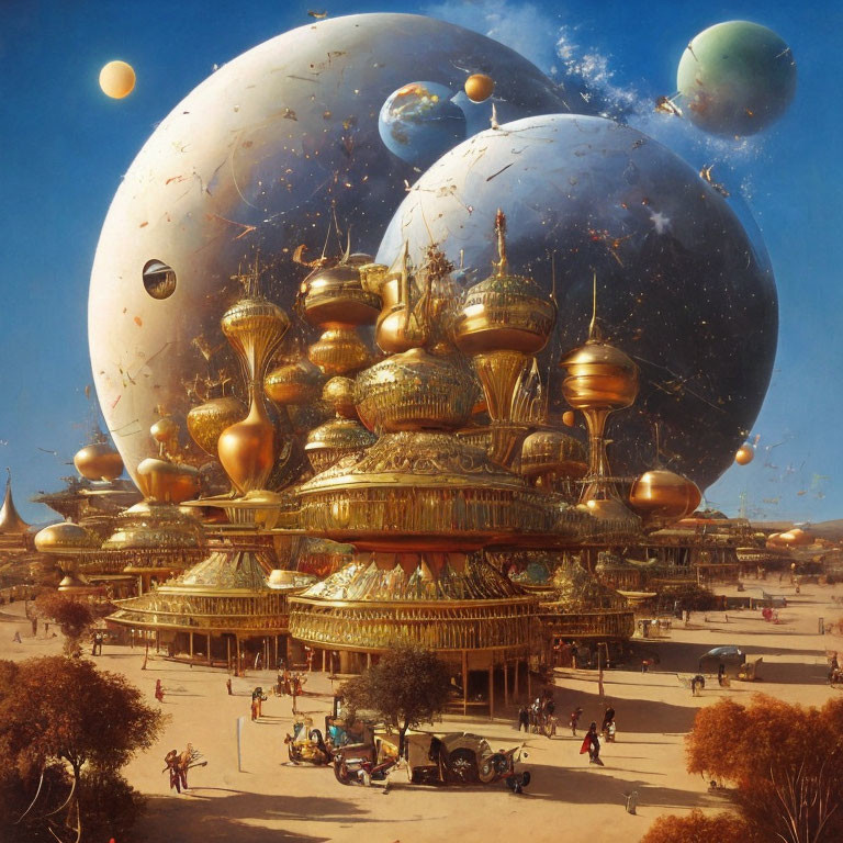 Fantastical city with golden domed buildings and giant planets in the sky