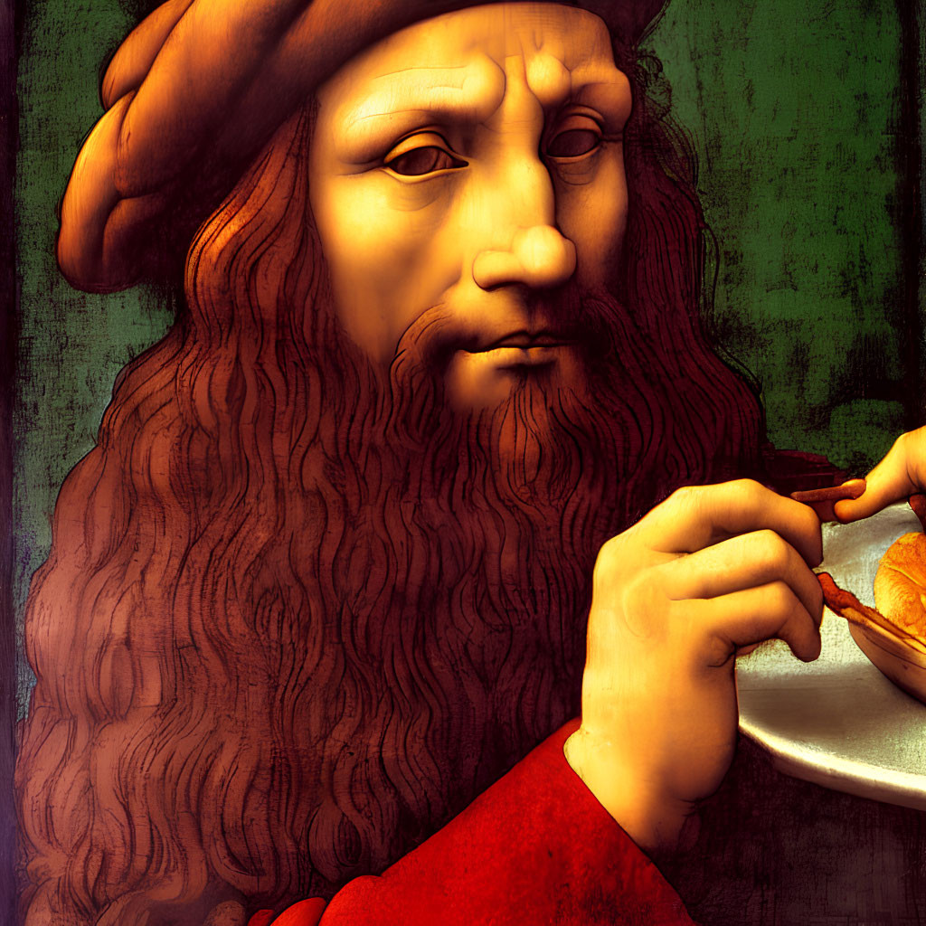 Man with Long Beard in Red Hat Holding Plate with Food, Thoughtful Expression