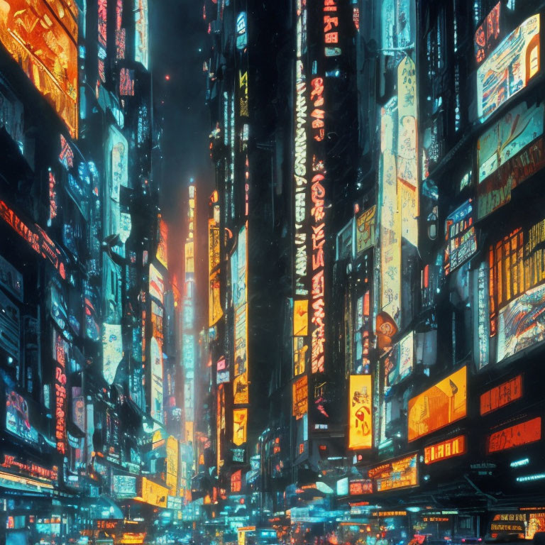 Vibrant neon cityscape with colorful cyberpunk signs
