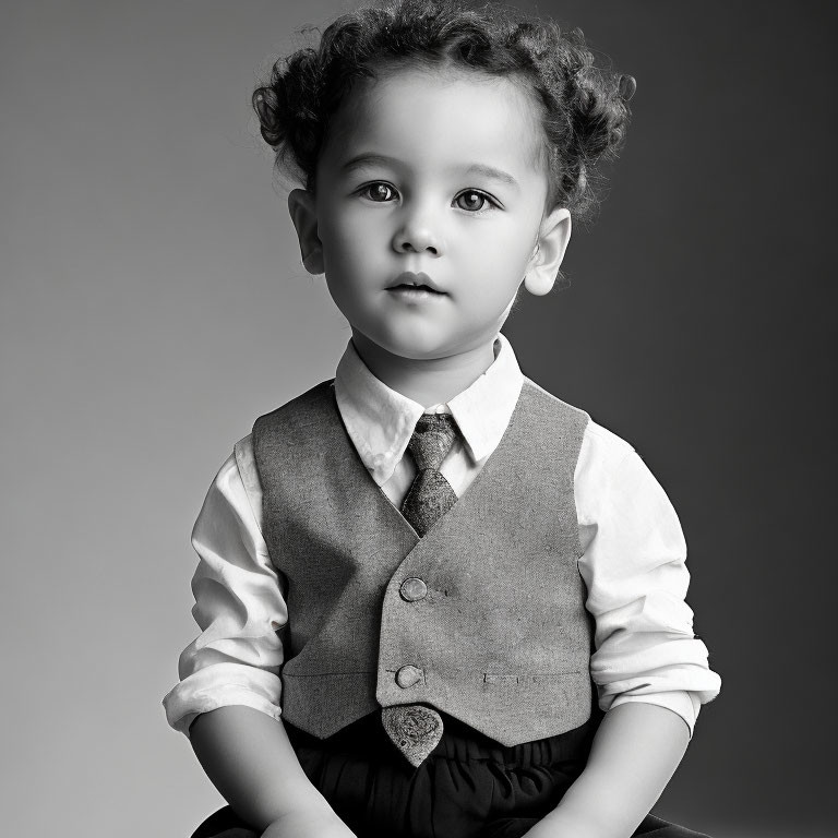 Monochrome portrait of young child in formal attire