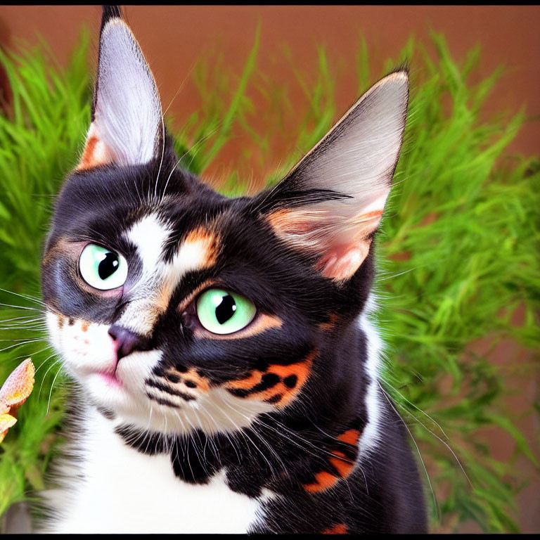 Calico Cat with Green Eyes and Unique Face Markings on Green Background