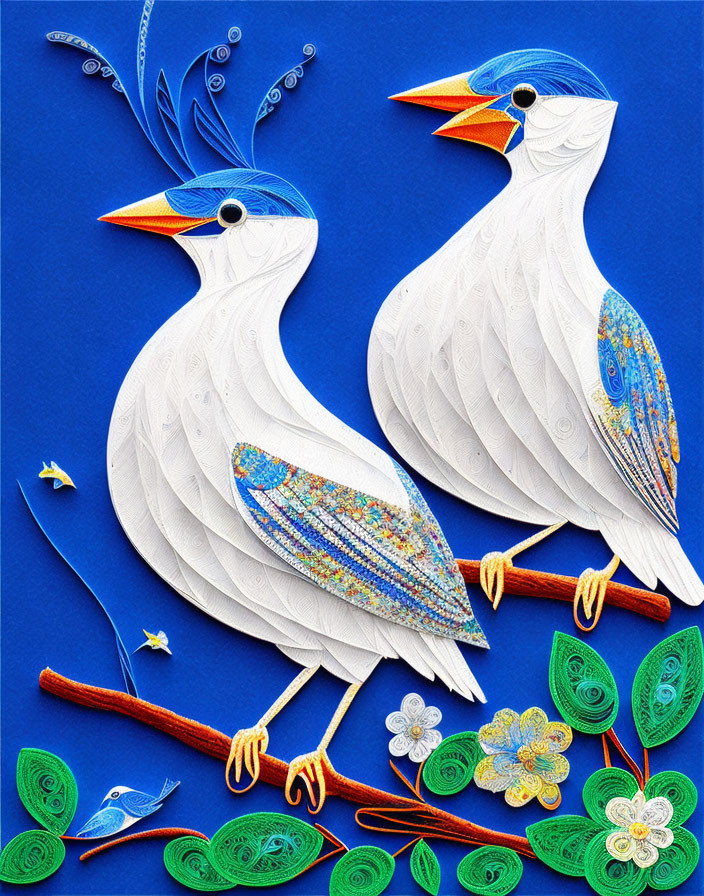 Intricate paper quilled birds on blue background with flowers & leaves