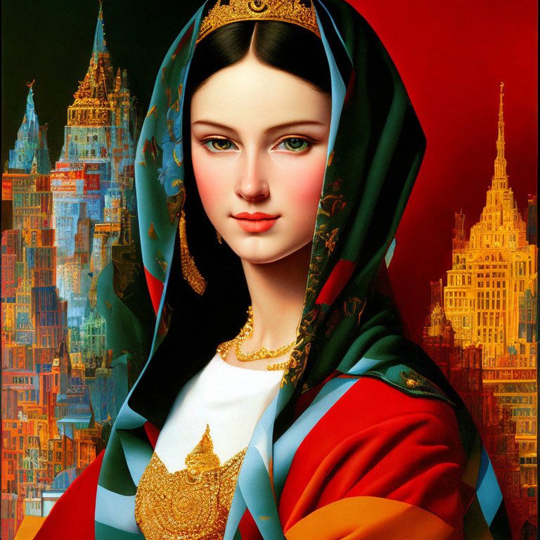 Digital artwork of fair-skinned woman in headscarf with golden brooch, set against stylized