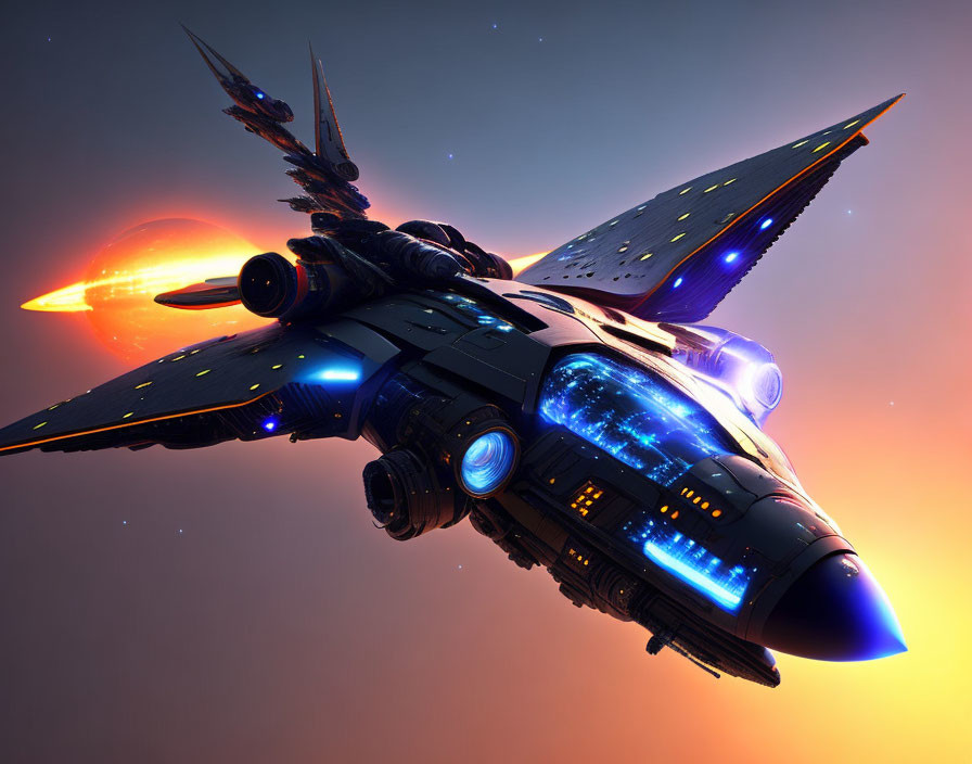 Futuristic spaceship with glowing blue engines approaching planet with orange halo