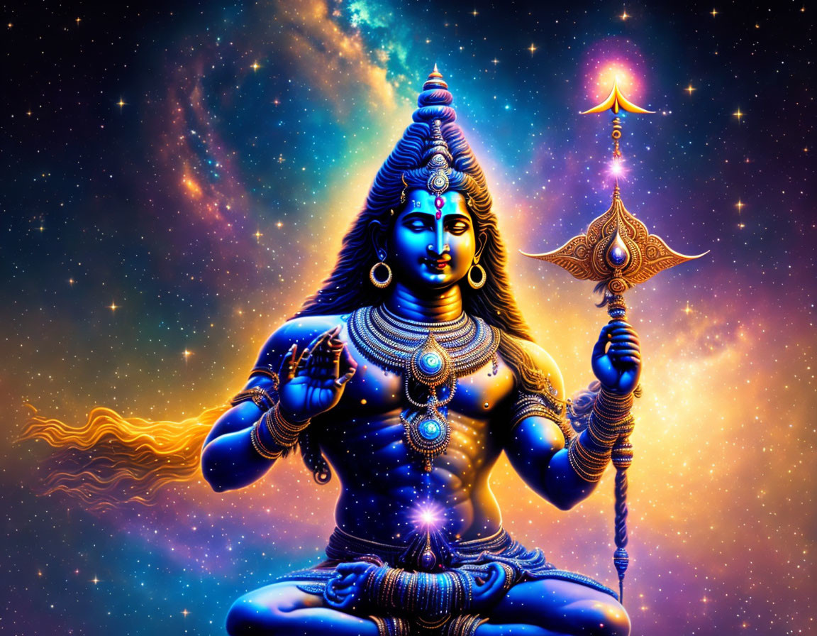 Blue-skinned deity with multiple arms and trident against cosmic backdrop