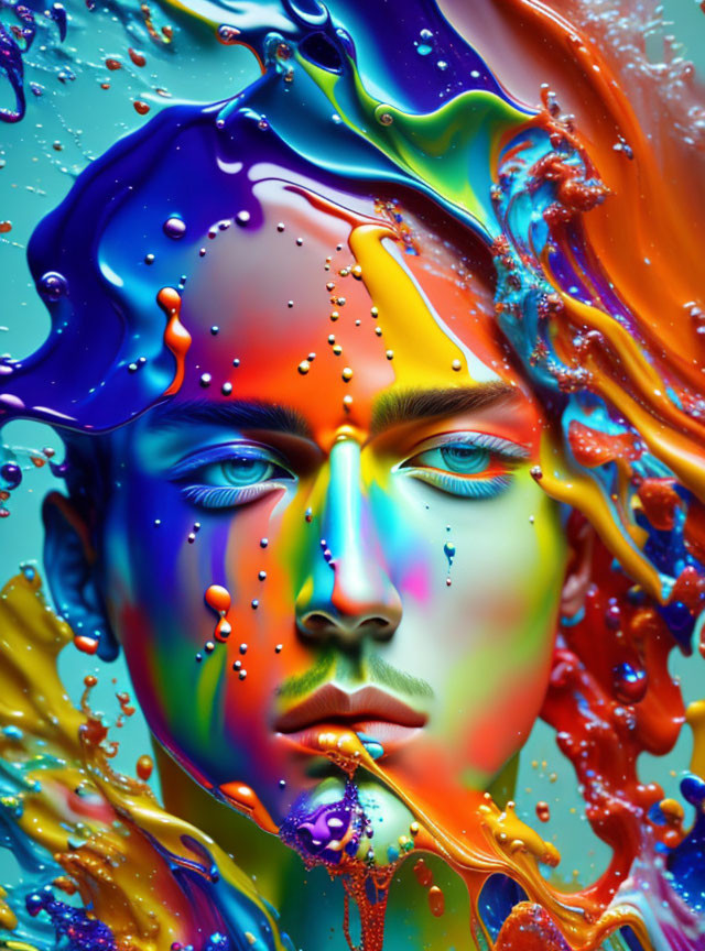 Colorful liquid splashes on face create surreal effect