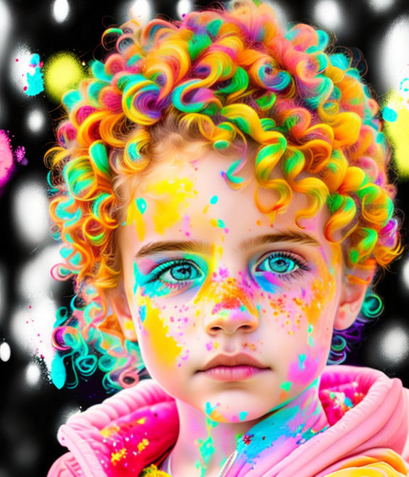 Child with Curly Multicolored Hair and Paint Splatters on Spotted Background