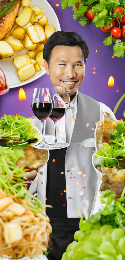 Cheerful Waiter Balancing Wine and Gourmet Dishes