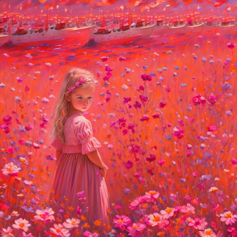 Young girl in pink dress surrounded by red and pink flowers under pink sky