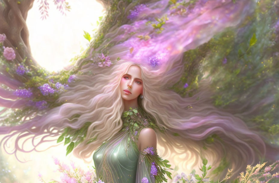 Ethereal woman with long hair in magical forest under soft light