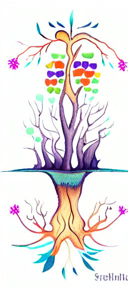 Stylized tree with colorful geometric canopy and roots