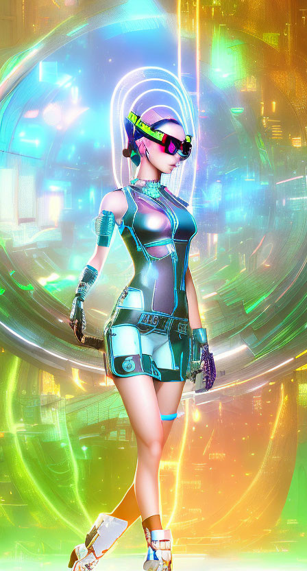 Futuristic Female Figure in Neon Cyberpunk Setting