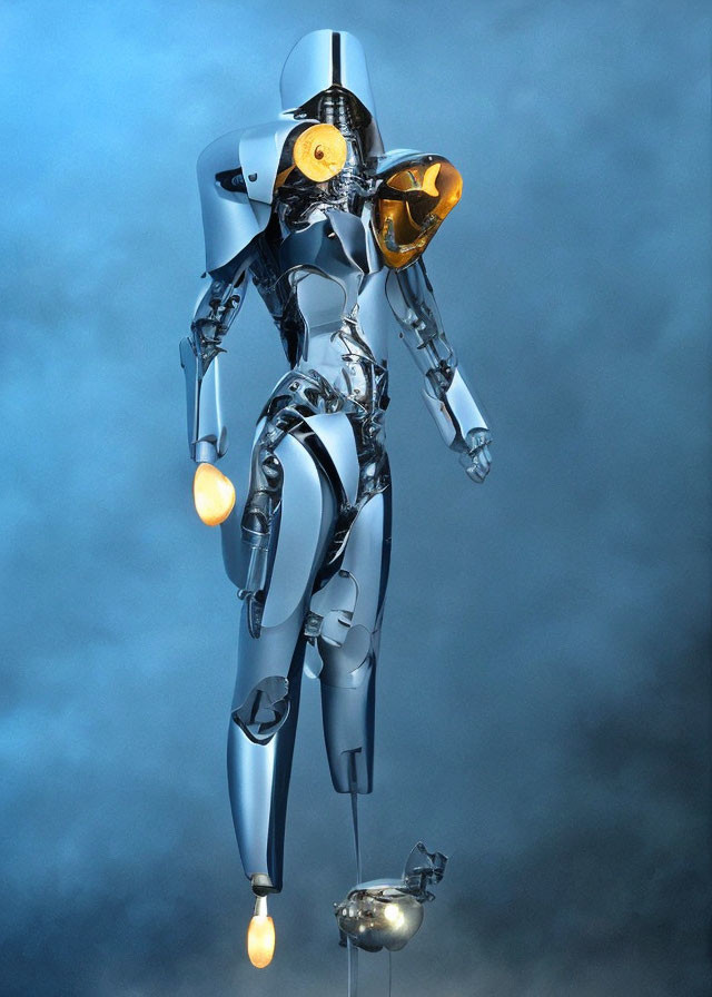 Futuristic humanoid robot in a misty blue setting