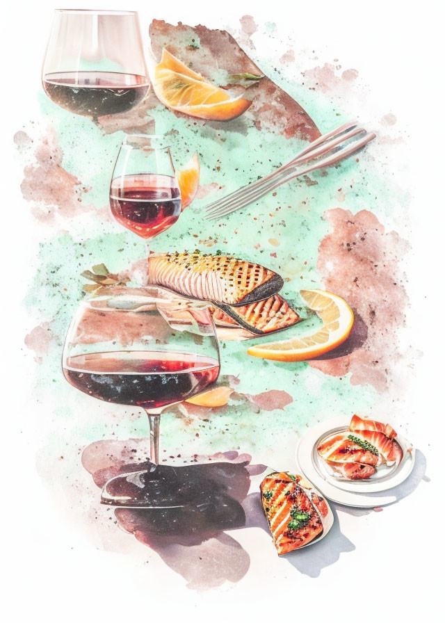 Culinary Scene Watercolor Illustration with Wine Glasses and Grilled Fish