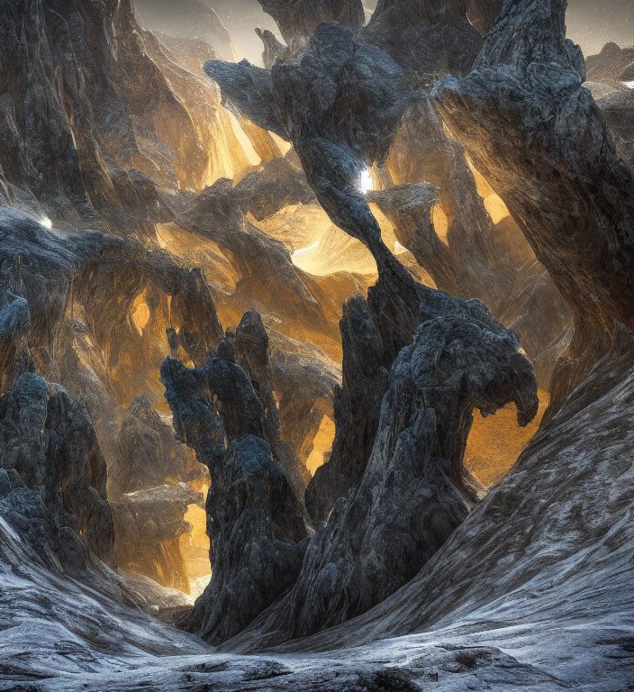 Surreal Landscape with Jagged Rocks and Golden Light