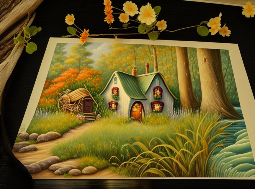 Whimsical painting of cozy cottage in lush forest setting