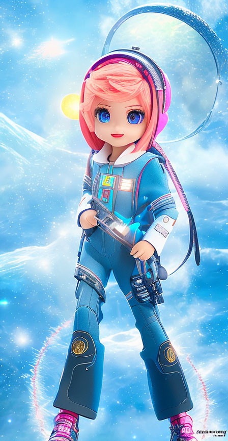 Stylized animated astronaut character with pink hair in space suit against cosmic backdrop