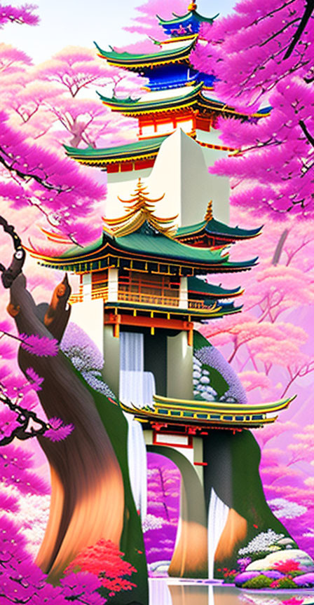 Traditional Pagoda Surrounded by Cherry Blossoms