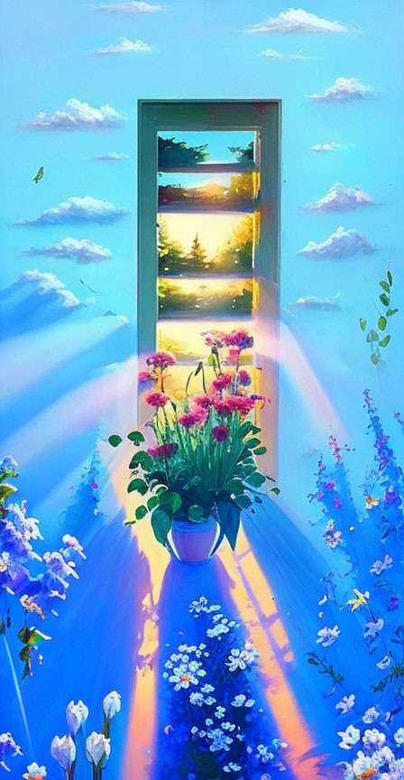 Open Window with Vibrant Landscape and Colorful Flowers