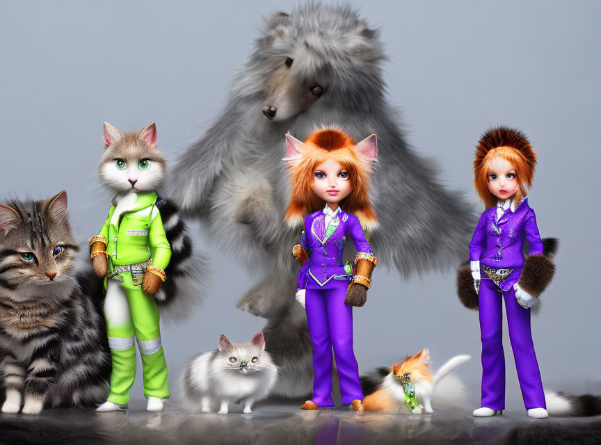 Whimsical Dolls and Stylized Cats in Colorful Scene