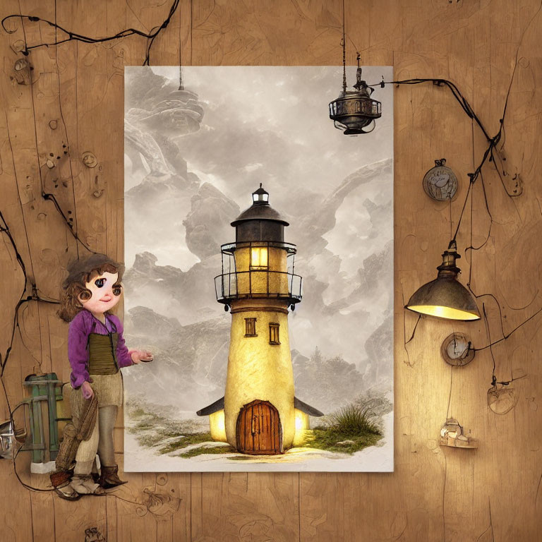 Charming Lighthouse with Doll Character in Misty Scene