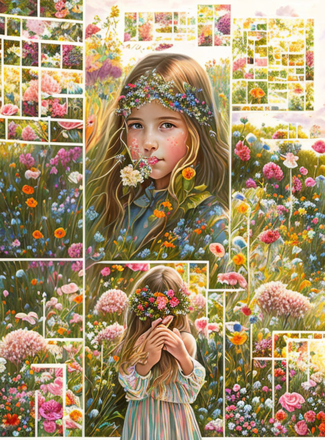 Collage of girl with floral headband in vibrant flower gardens