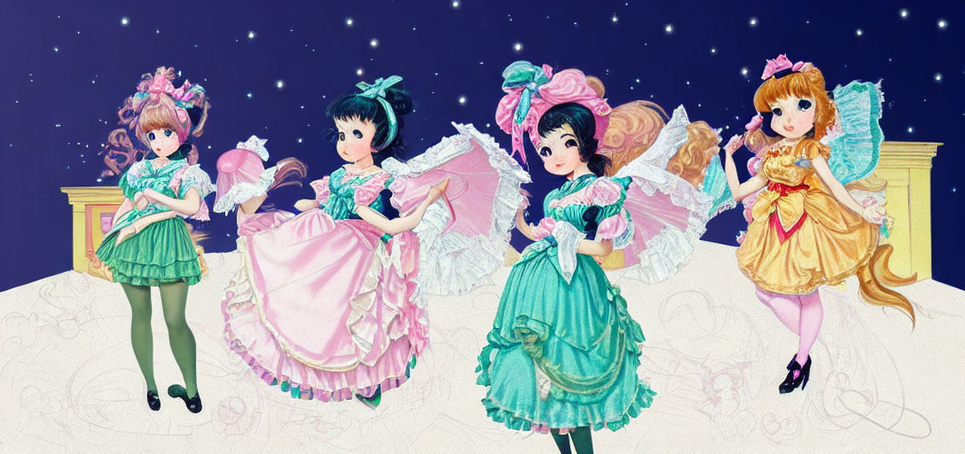 Anime Characters in Colorful Dresses Under Starry Sky