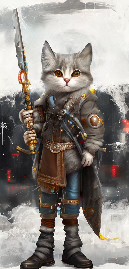 Whimsical Cat Character in Futuristic Steampunk Setting