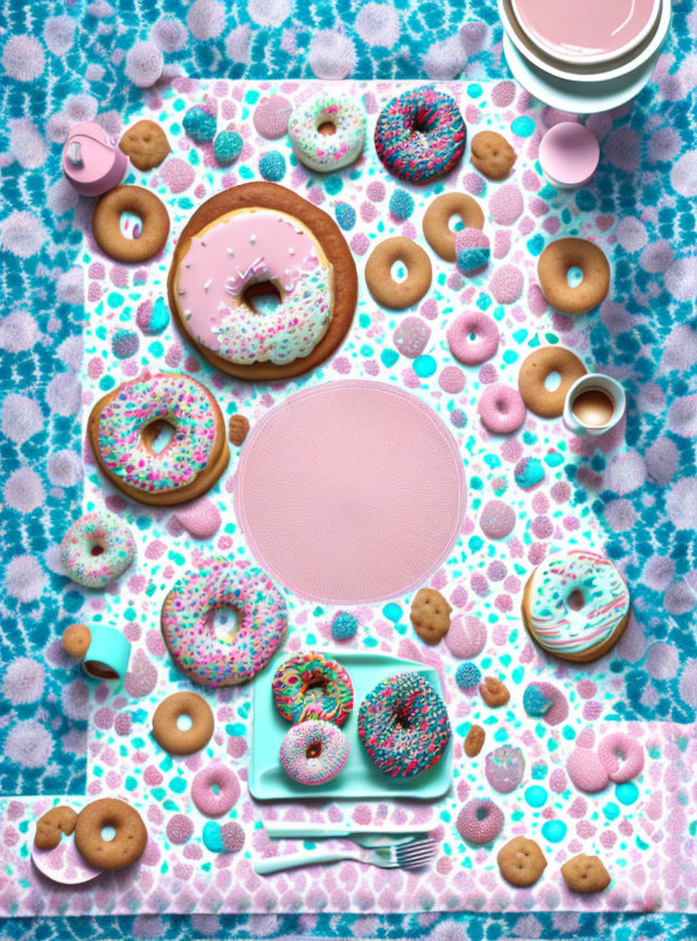 Assorted colorful donuts, cookies, and milk on blue and pink tablecloth.
