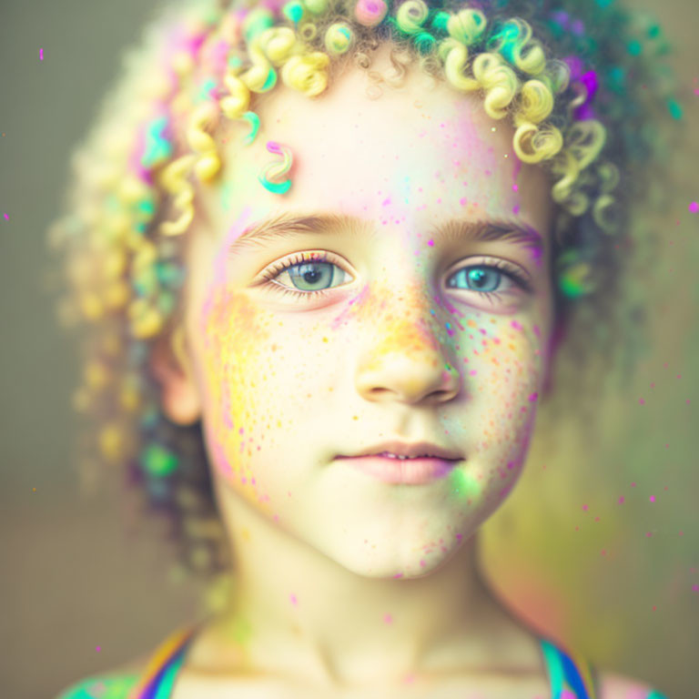 Curly-haired child with paint speckles stares at camera